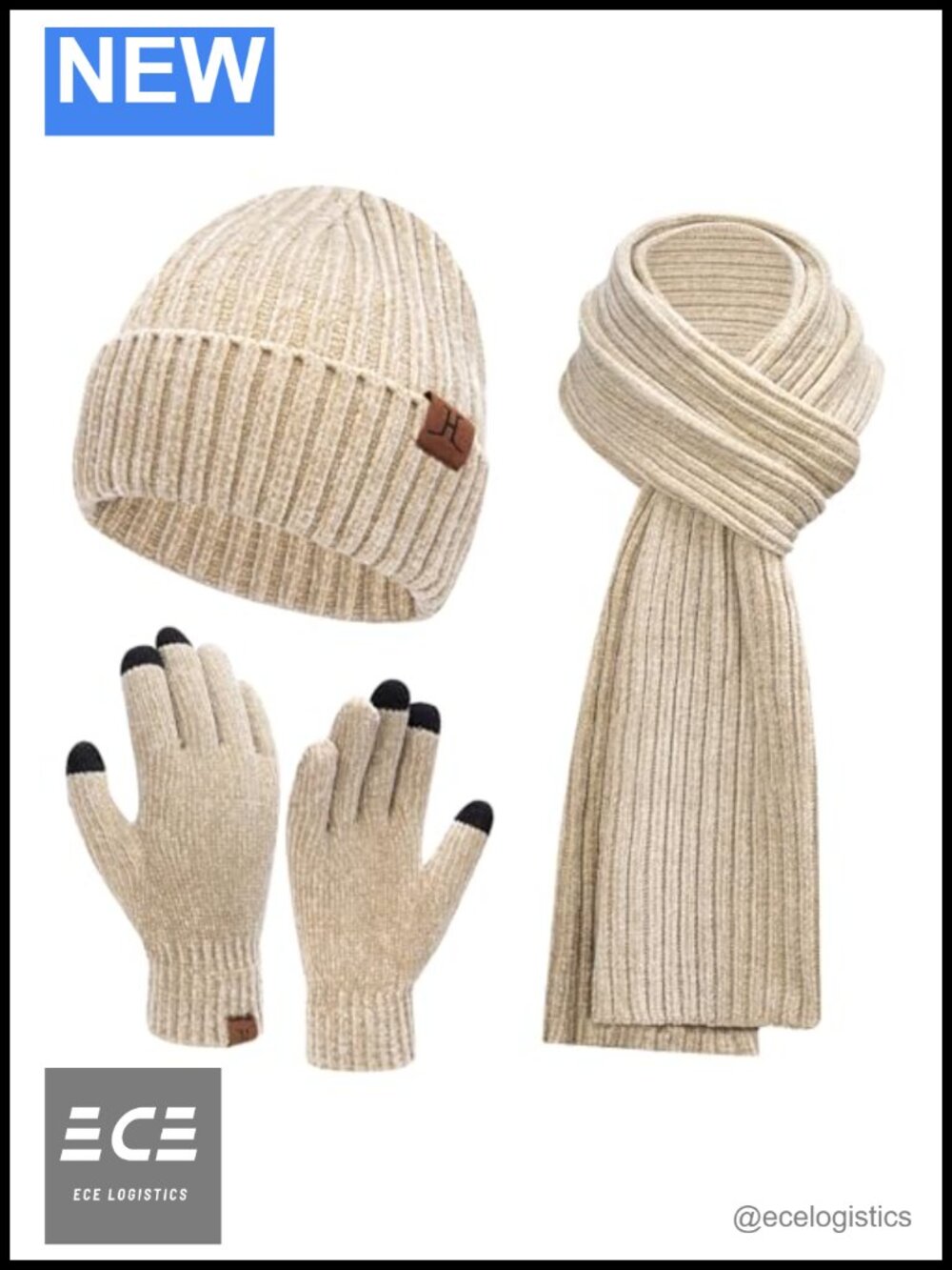 Women's Winter Knit Beanie Long Scarf Touch Screen Gloves Set 3-Piece